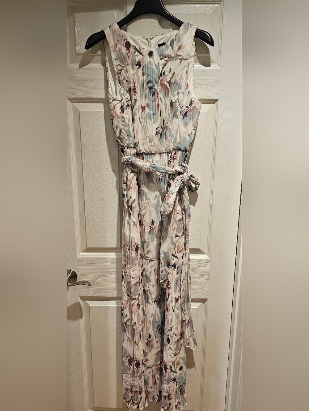 Aidan Mattox Pastel Floral Pleated Maxi Dress with Tie Waist